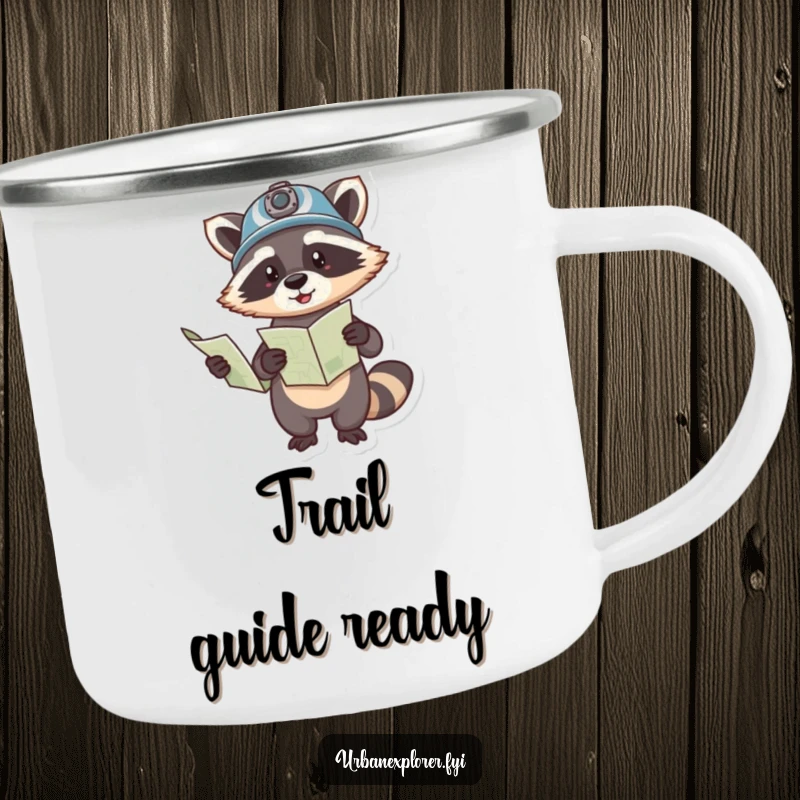 Funny camping mug featuring a helmeted raccoon holding a map and pointing, ready for outdoor adventures.