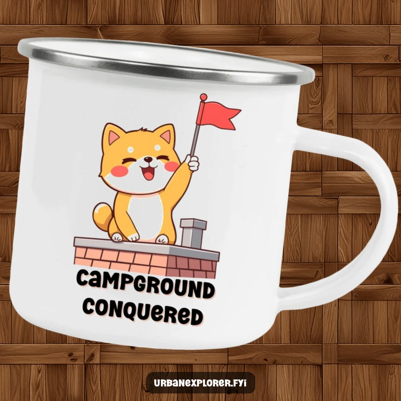 Funny Shiba Inu camping mug of a delighted dog planting a flag on a rooftop, celebrating conquest in the wild.