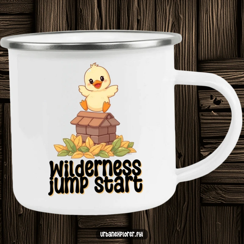 Funny camping mug featuring a smiling duckling leaping from a rooftop onto leaves, designed for outdoor fun and humor.