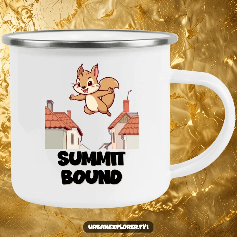 Funny camping mug with a determined squirrel leaping between rooftops, perfect for ambitious outdoor enthusiasts and humor lovers.
