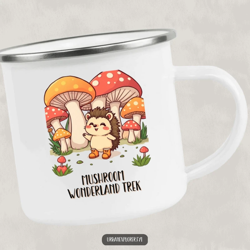 Funny Camping Mug: A happy hedgehog in tiny boots excitedly explores giant mushrooms, for whimsical sips.