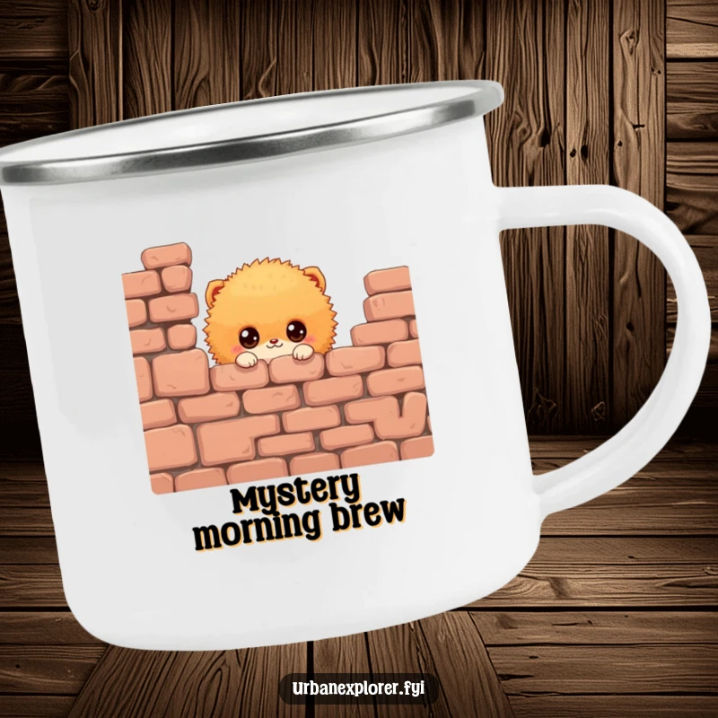 Funny Fluffy Creature Camping Mug: A durable mug with a fluffy creature peeking from a wall, ideal for outdoor adventures, a funny gift.