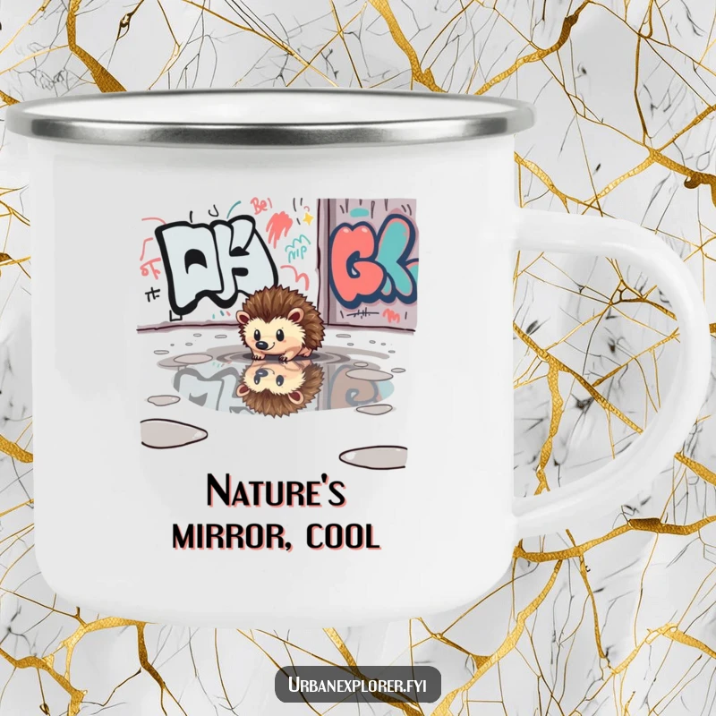 Funny hedgehog reflected in a puddle near a graffiti wall on a rugged camping mug, perfect for outdoor drinks.