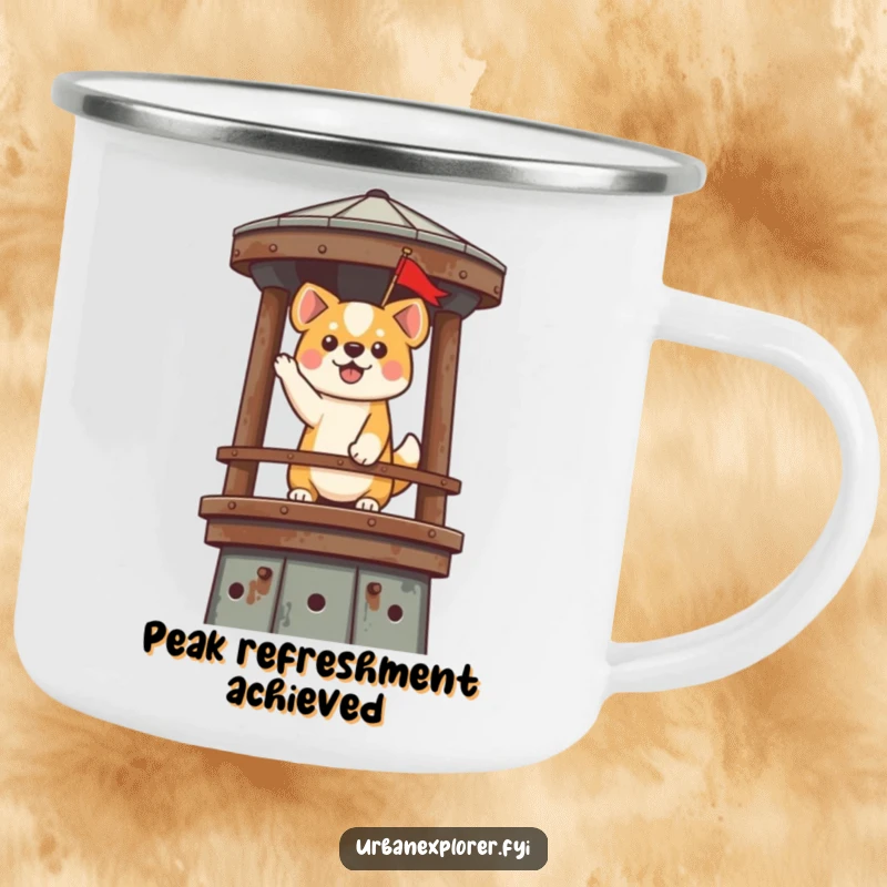 Funny Kawaii Dog Camping Mug: A cute dog plants a flag on a rusty water tower, bringing humorous victory vibes outdoors.