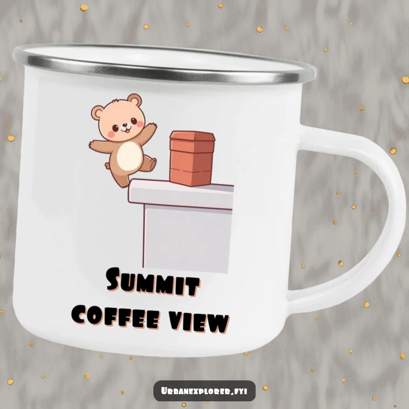 Funny Kawaii Bear Camping Mug, cute bear balancing on a rooftop edge, enamel outdoor mug, excellent funny gift.