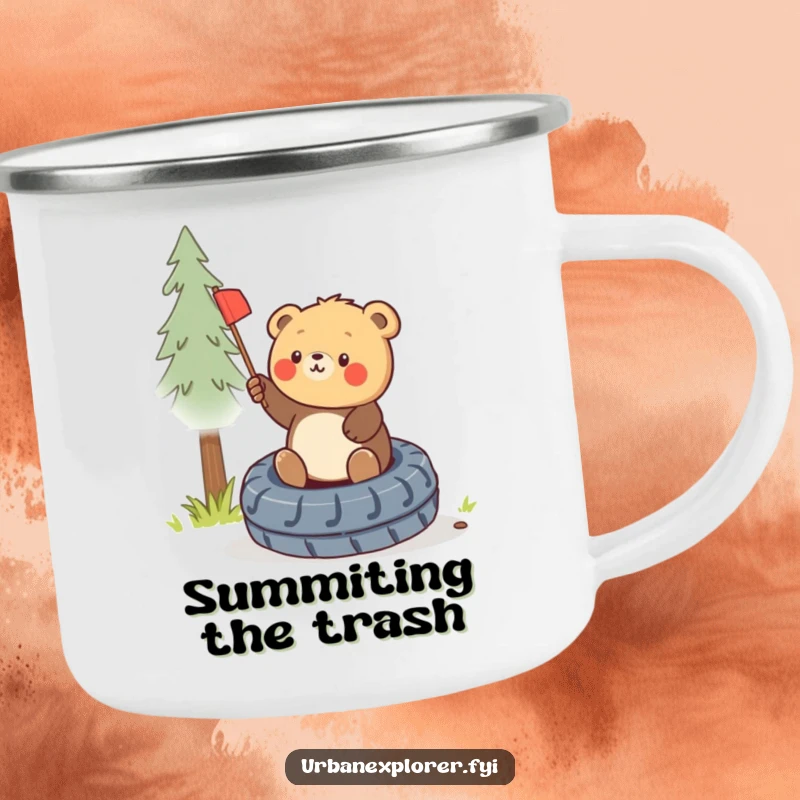 Funny bear cub planting a flag on a tire on a rugged camping mug, ideal for outdoor beverages.