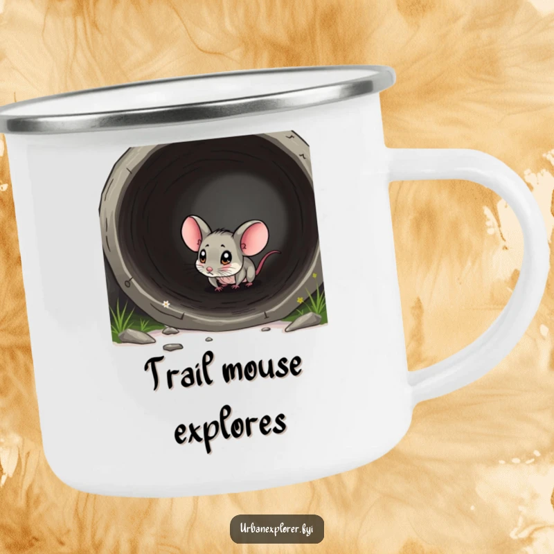 Funny mouse camping mug showing a tiny mouse exploring a large pipe, built for outdoor adventures.