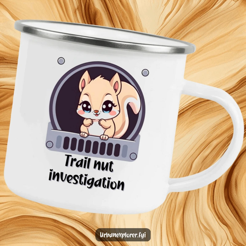 Funny Kawaii squirrel examining a ventilation grate, printed on a durable camping mug for outdoor enthusiasts.
