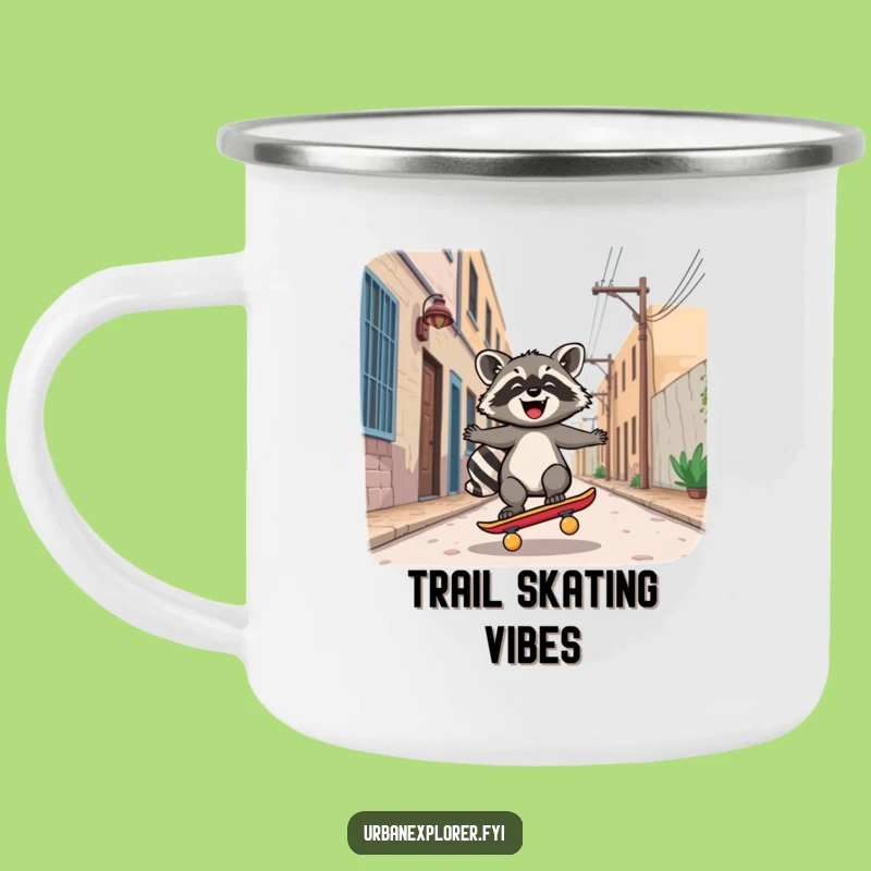 Funny Kawaii Raccoon Skateboard Camping Mug: Joyful Rider for Outdoor Adventures!