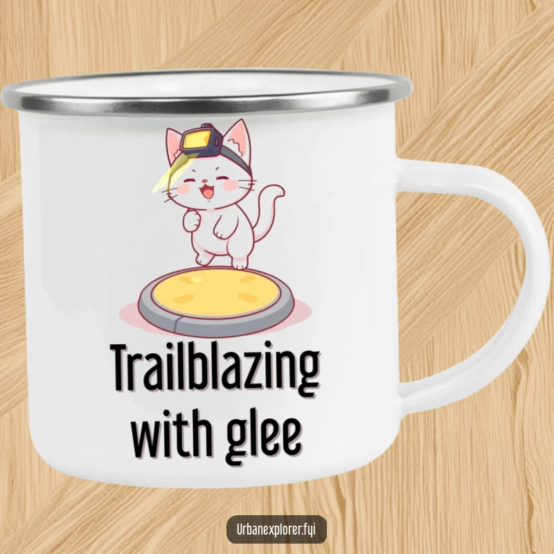 Funny giggling white kitten with a headlamp bouncing on a manhole cover, ideal for hot beverages during camping adventures.