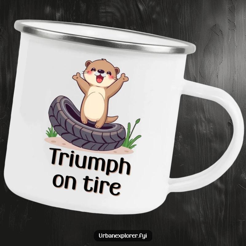 Funny Otter Camping Mug: Otter triumphantly balancing on a tire, perfect for celebrating outdoor wins and adventures.
