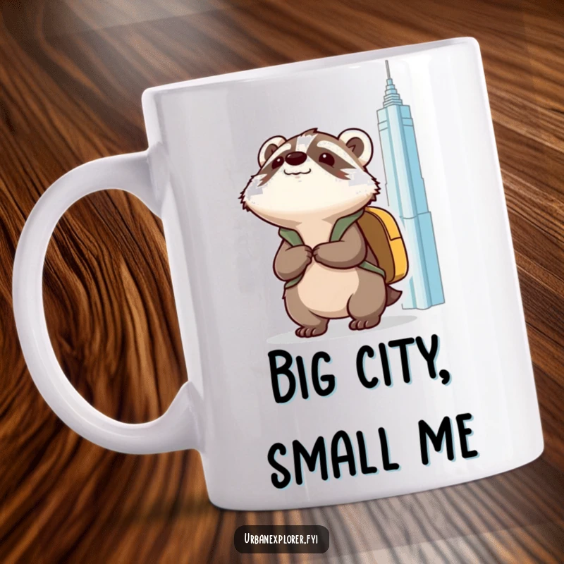 Funny Kawaii badger with a backpack, excitedly looking up at a tall skyscraper, printed on a ceramic mug.