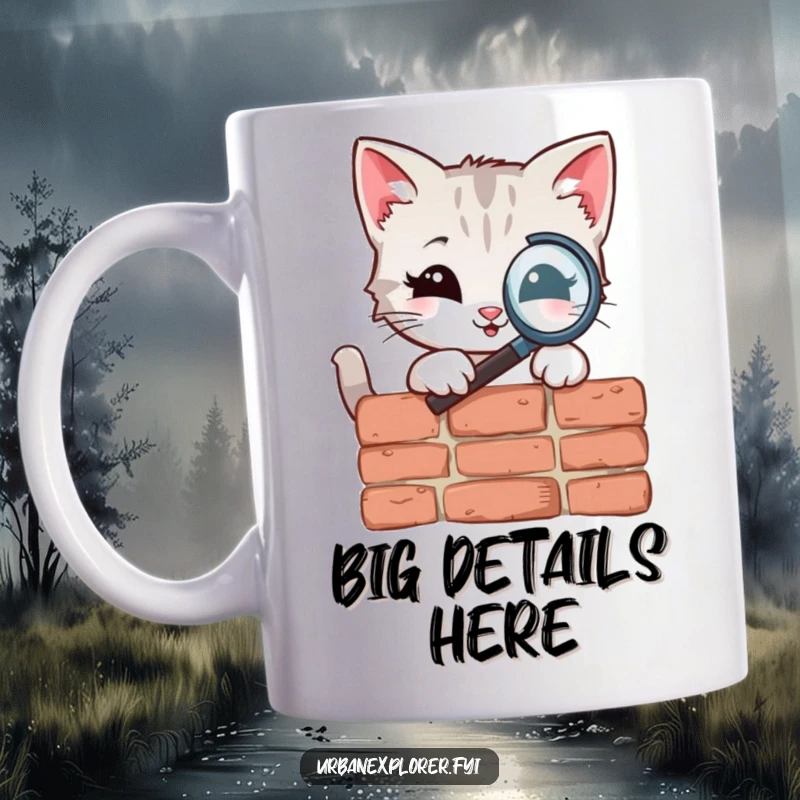 Funny Mug featuring a smiling kitten character intently examining a weathered brick with a magnifying glass, showcasing meticulous curiosity.