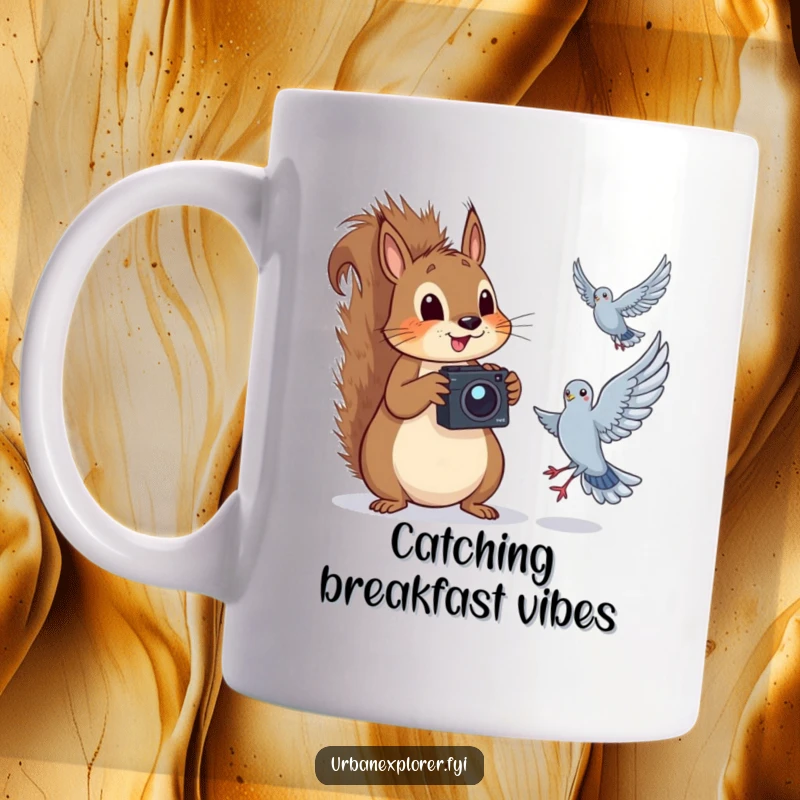 Funny squirrel with a camera, humorously photographing a pigeon in mid-flight, on a mug, perfect for photography enthusiasts.