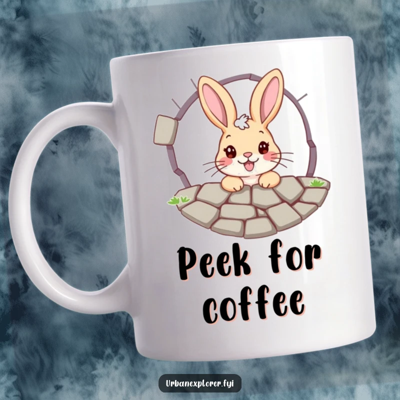 Funny bunny mug: a cheerful bunny peeking through a cracked pavement grate, symbolizing curiosity, innocence, and hidden wonder.