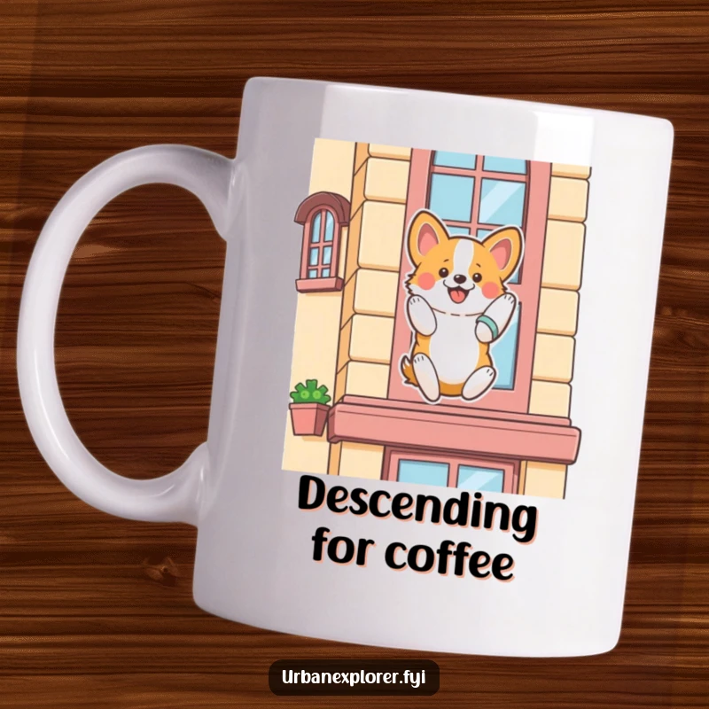 Funny corgi mug, a fluffy corgi enthusiastically rappelling down a stylized building facade, a courageous canine.