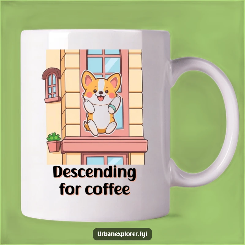 Funny Corgi Rappelling Mug: Enthusiastic Building Descent Gift