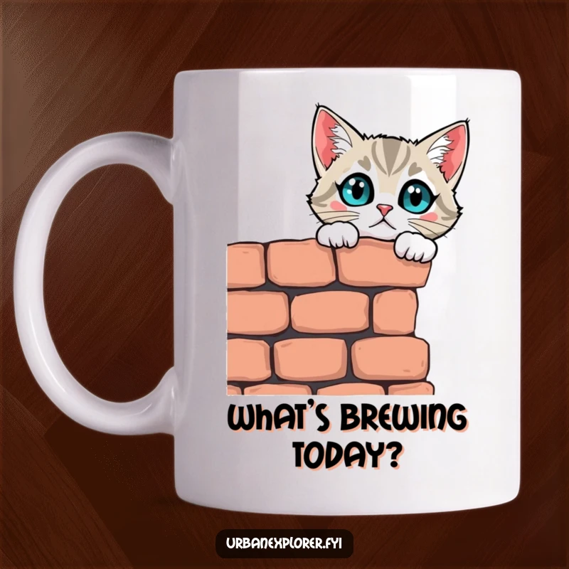 Funny curious cat peering over a crumbling brick wall with wide eyes, a whimsical mug for cat enthusiasts.