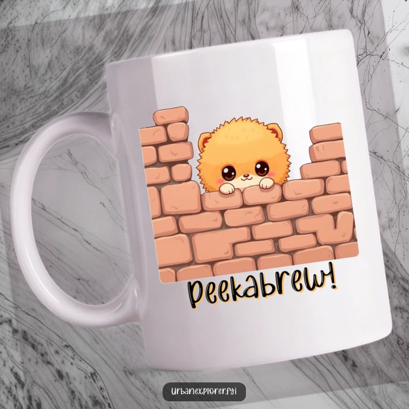 Funny Fluffy Creature Mug: A small, round, orange, fluffy creature with big eyes peeking from behind a brick wall, full of curiosity, ideal for a funny gift.