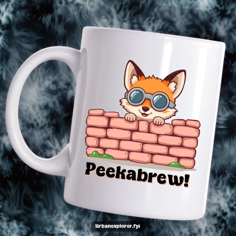 Funny fox mug, a small round fox wearing goggles, gleefully peeking from behind a crumbling brick wall.
