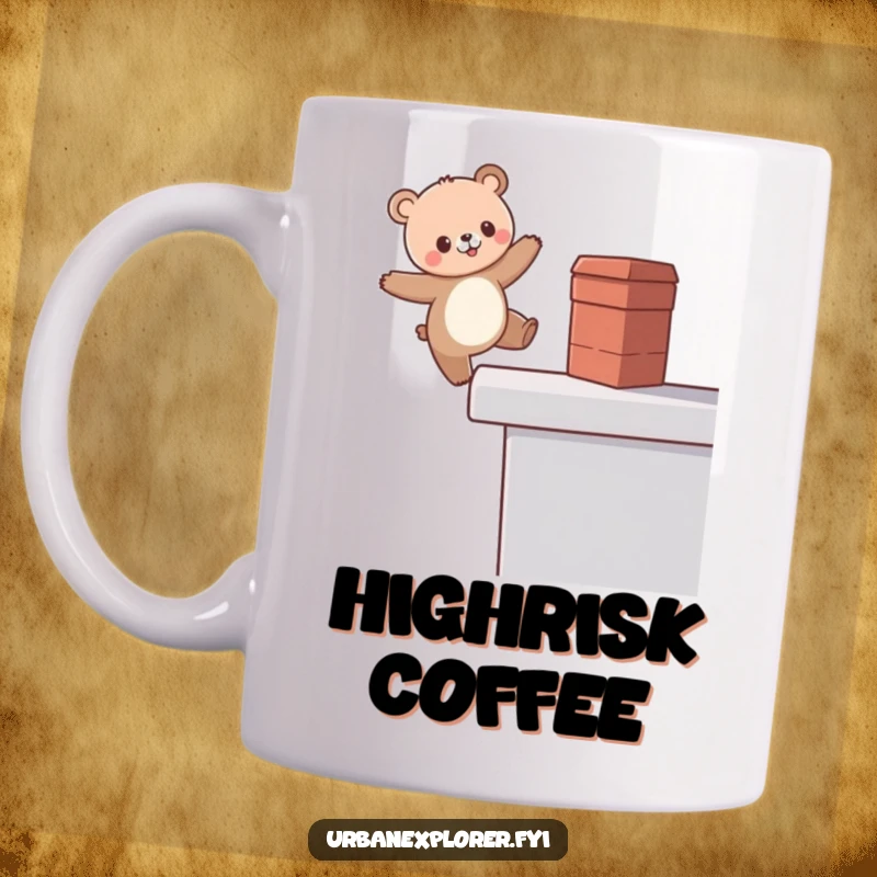 Funny Kawaii Bear Mug, cute bear balancing on a rooftop edge, feeling dizzy and unstable, a perfect funny gift.