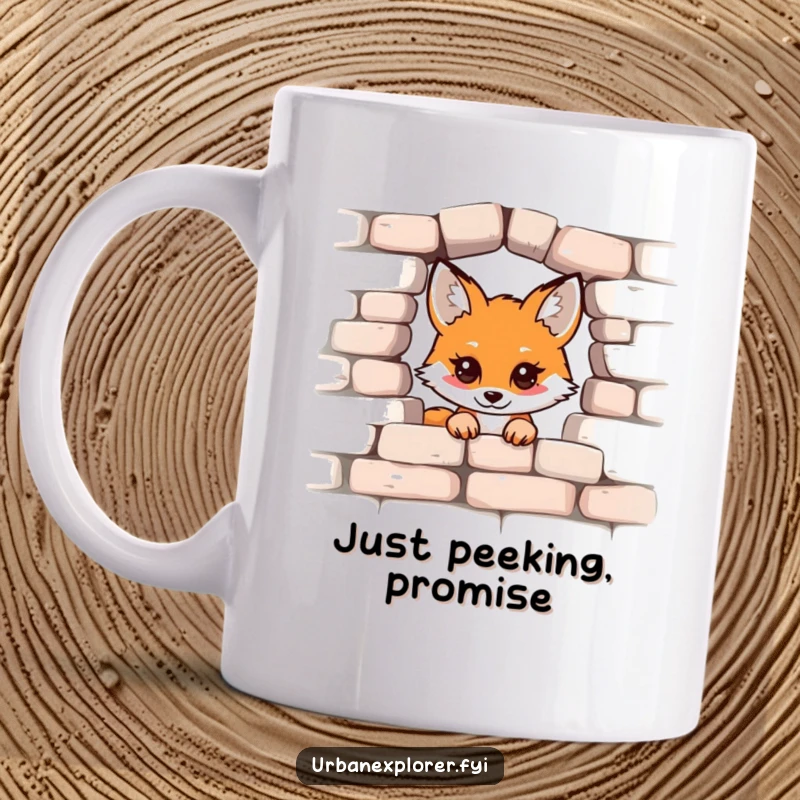Funny Kawaii Fox Mug, cute animal peeking from behind a weathered brick wall, playful and mischievous expression, perfect gift.
