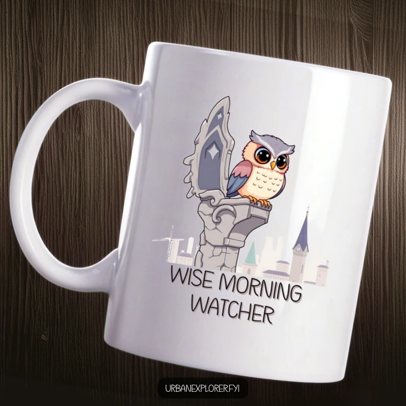 Funny Kawaii Owl Mug: A cute owl sits on a crumbling gargoyle, wisely surveying the city below with a hint of humor.