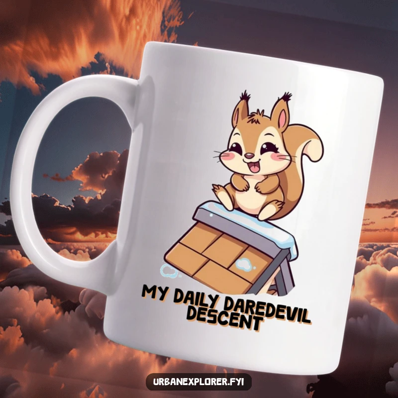 Funny Kawaii Squirrel Mug: A cute squirrel boldly slides down a slippery rooftop with a determined grin, expressing playful adventure.