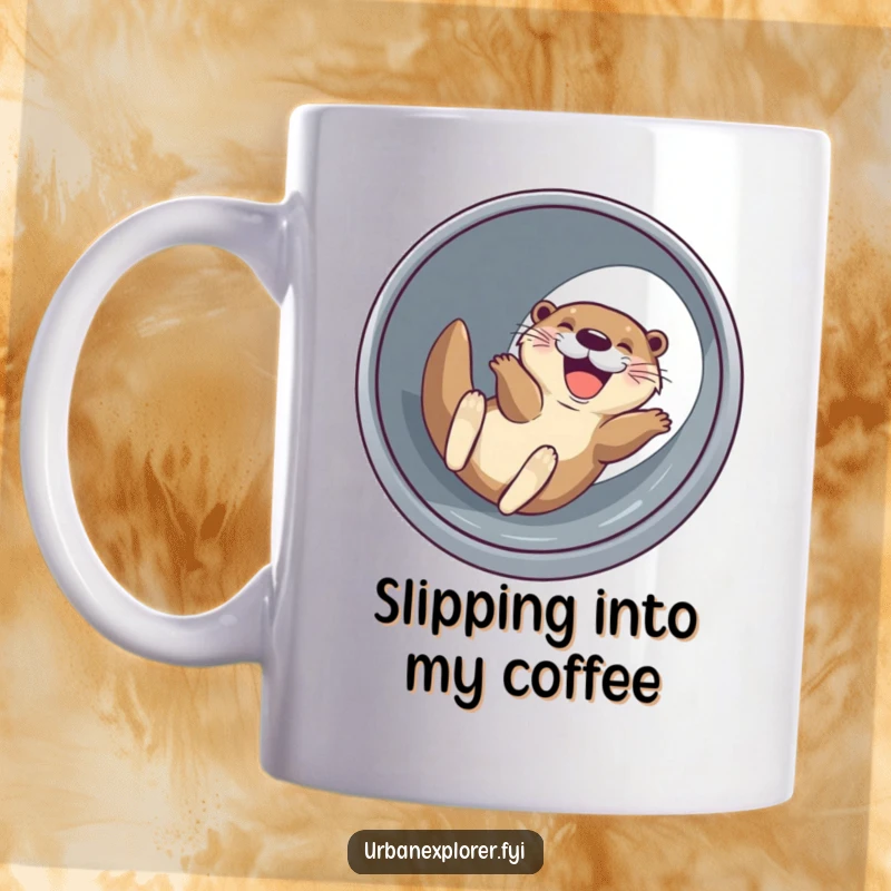 Funny joyful otter with a wide grin, sliding down a drainage pipe, a humorous and adventurous mug.