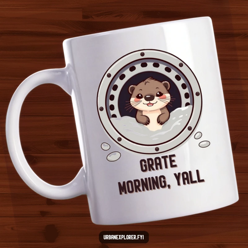 Funny otter with a mischievous grin, peeking out from a sewer grate, on a mug.