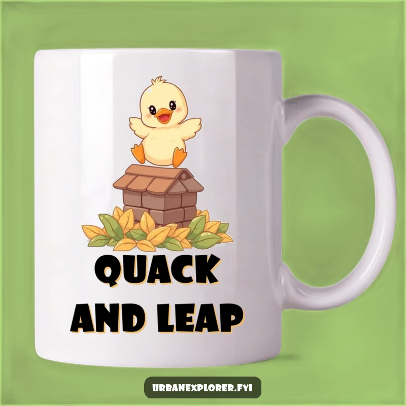 Funny Smiling Duckling Rooftop Leap Mug - Joyful Bird Gift Idea