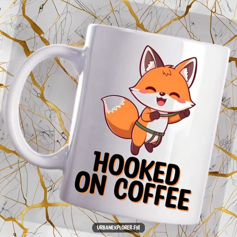 Funny kawaii mug featuring a fox enthusiastically using a grappling hook to ascend a wall with speed and determination.