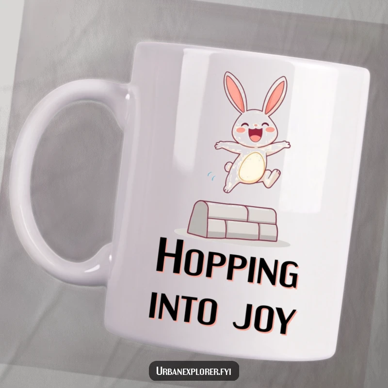 Funny Mug featuring a joyous bunny character energetically leaping over a small urban obstacle, embodying freedom and playful spirit.