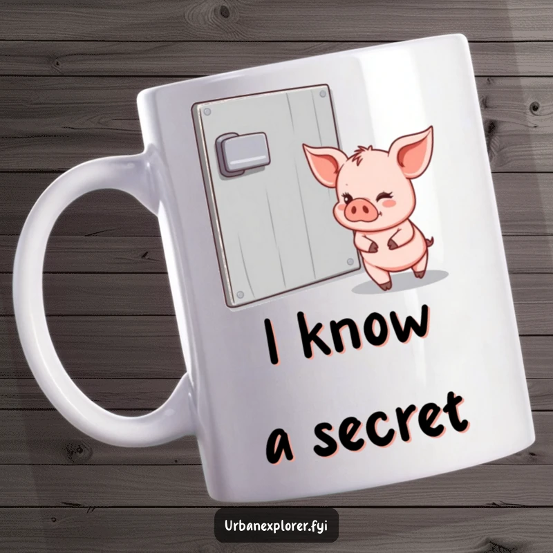 Funny Piglet Mug: Piglet tiptoeing past a locked door with a wink, symbolizing playful mischief and daring escapes.