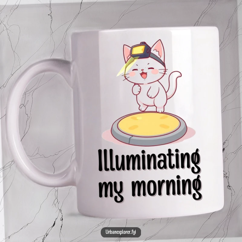 Funny white kitten with a headlamp, giggling as it bounces on a wobbly manhole cover, ready for adventure.