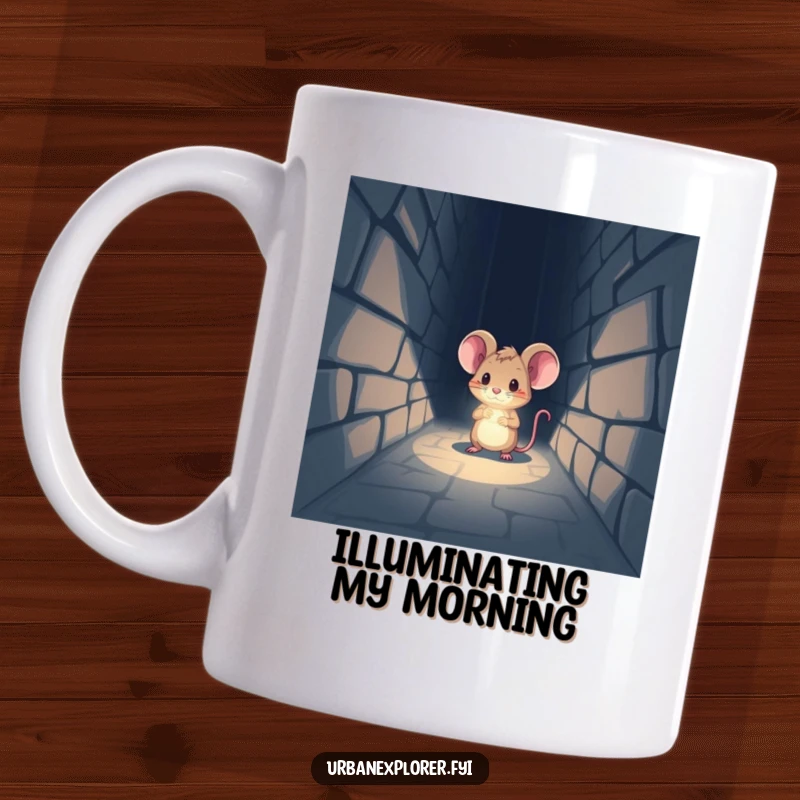 Funny Mug: A determined tiny mouse with a headlamp shines its beam into a dark, mysterious alleyway.