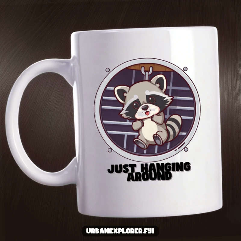 Funny raccoon dangling precariously from a loose ventilation grate on a white mug, perfect for humor enthusiasts.