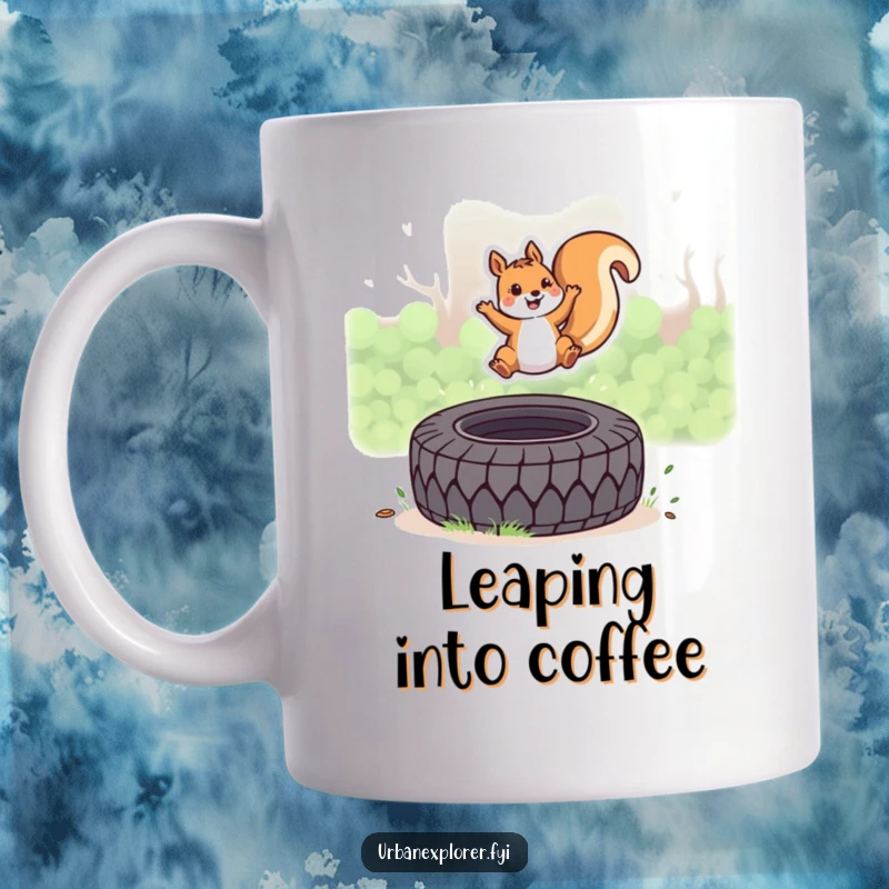 Funny Kawaii Squirrel Mug, cute squirrel joyfully leaping over a discarded tire, energetic and playful, a perfect funny gift.