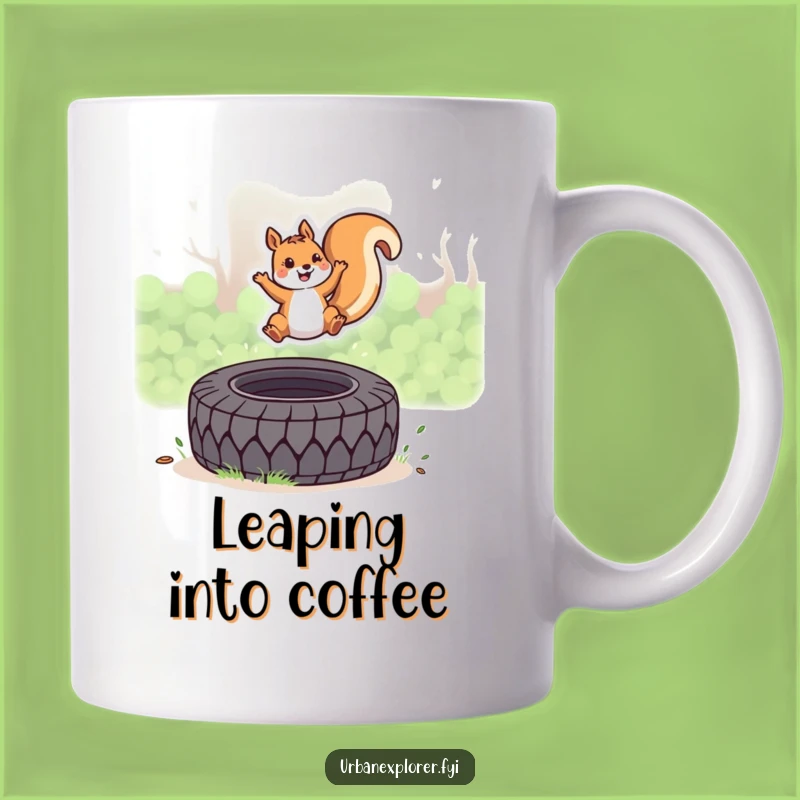 Funny Kawaii Squirrel Mug: Joyful Tire Leap Design, Perfect Funny Gift