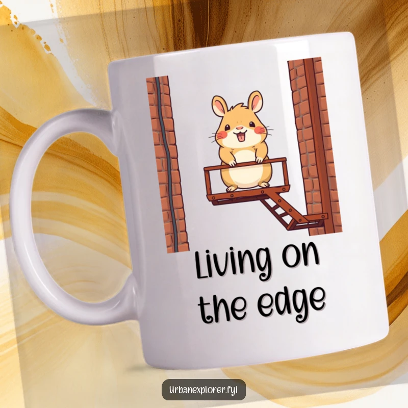 Funny mug with a happy capybara character chillin' and balancing precariously on a rusty fire escape, spreading joy.
