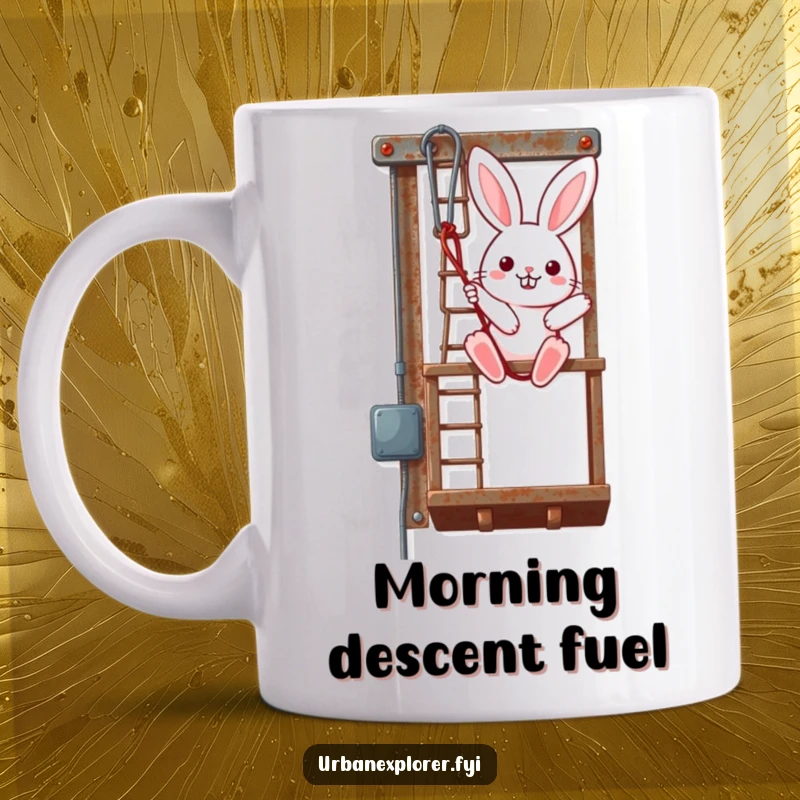 Funny Kawaii Bunny Mug, cute rabbit rappelling down a rusty fire escape, adventurous and brave, a perfect funny gift.