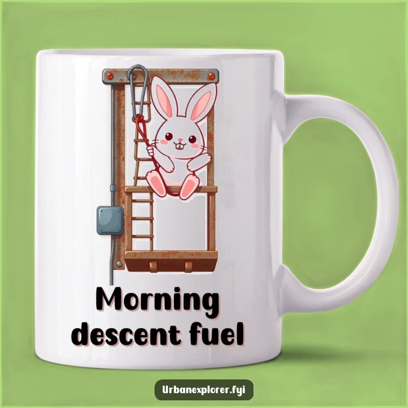Funny Kawaii Bunny Mug: Adorable Rappelling Fire Escape Design, Perfect Funny Gift