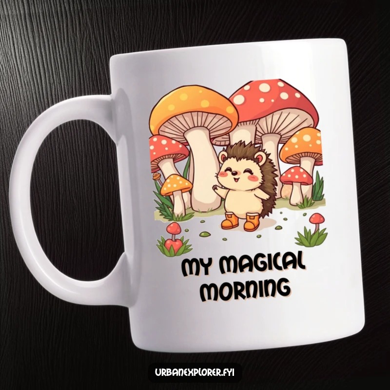 Funny Mug: A happy hedgehog in tiny boots excitedly explores giant, colorful mushrooms in a whimsical forest.