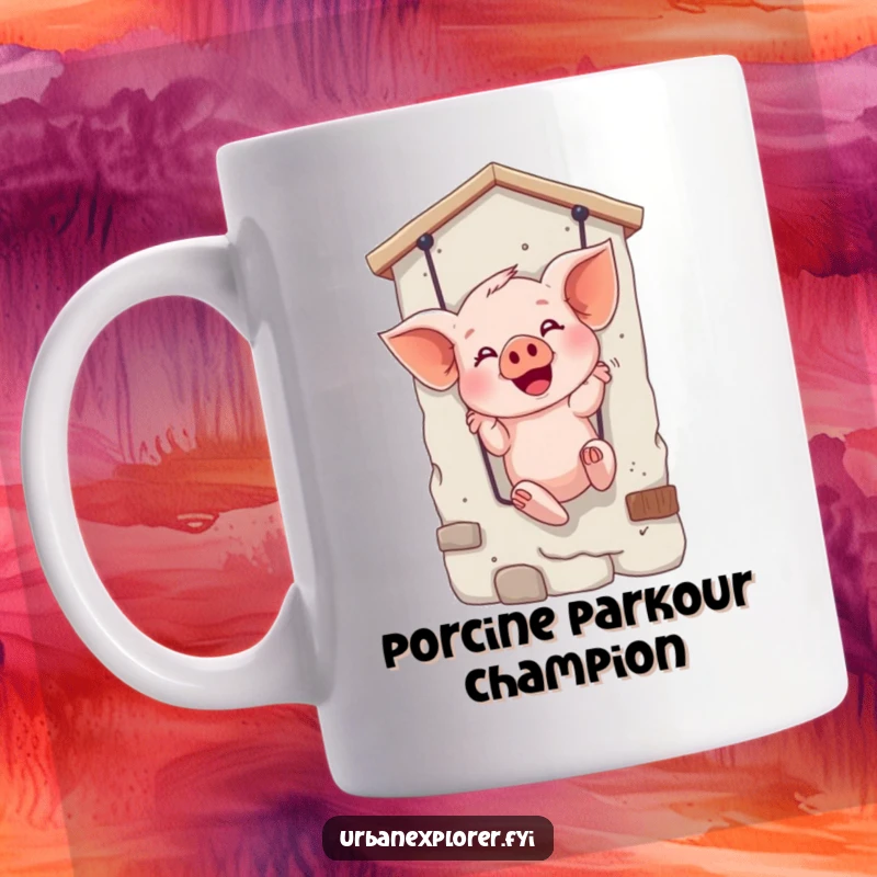 Funny mug with a giggling piglet rappelling down a weathered facade, showcasing its daring and joyful spirit.