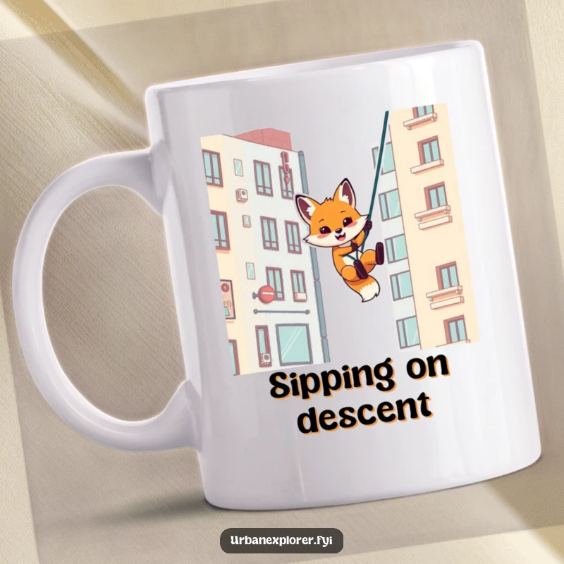 Funny mug featuring a playful fox character rappelling down a stylized urban building, capturing a sense of urban adventure.