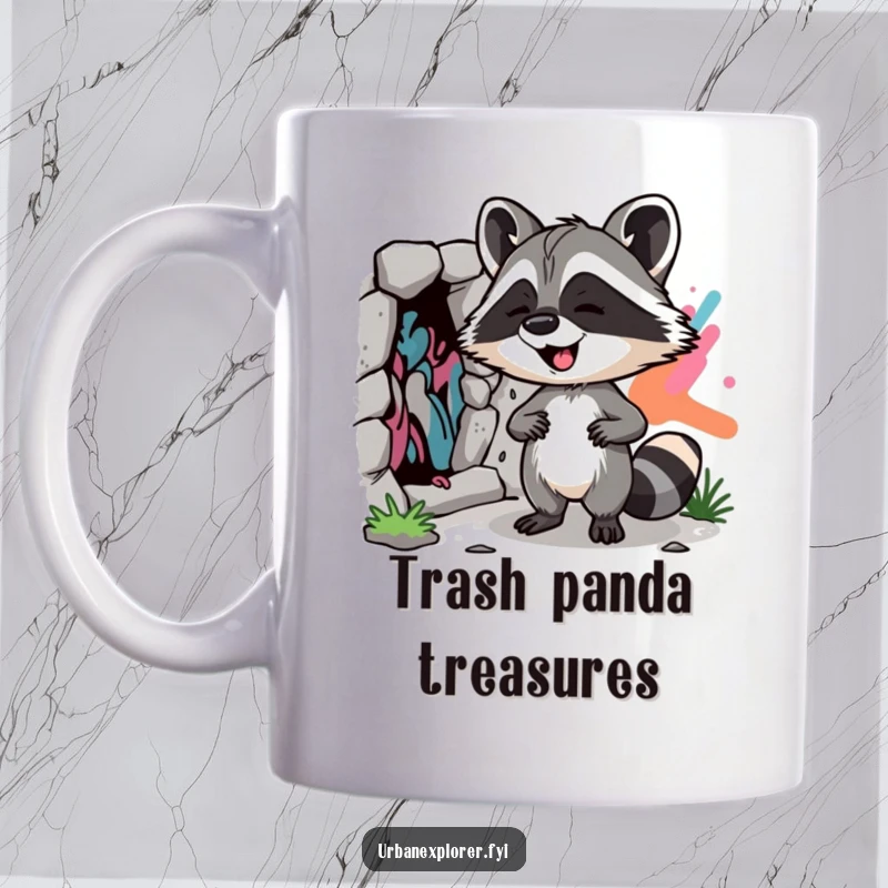 Funny Raccoon Street Art Mug: A giggling raccoon excitedly discovers a vibrant hidden street art mural, full of playful energy.