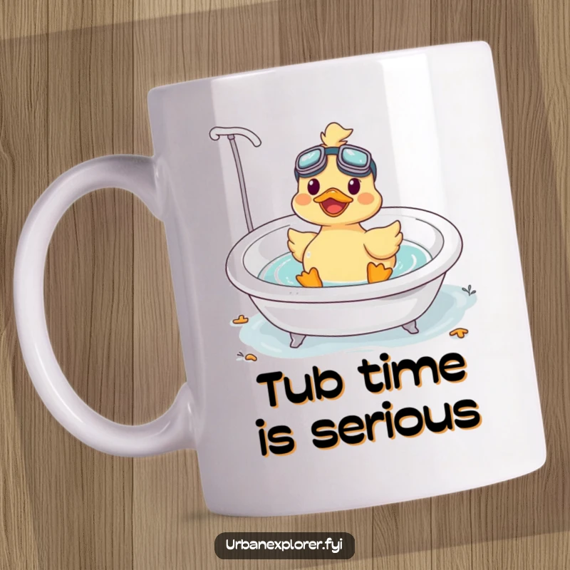 Funny Kawaii duck wearing goggles, happily floating in a vintage bathtub, printed on a ceramic mug.