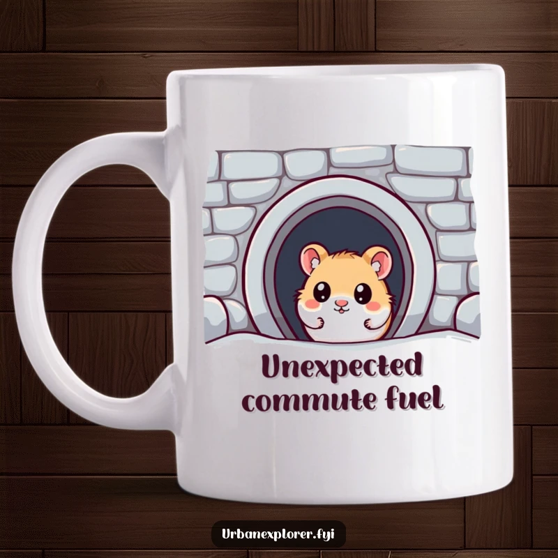 Funny Kawaii Hamster Mug: A wide-eyed kawaii hamster discovers a hidden subway entrance, showcasing curiosity and wonder.