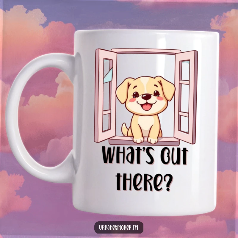 Funny Dog Mug: Cheerful dog peeking head out of a broken window, showing curiosity and playful exploration.
