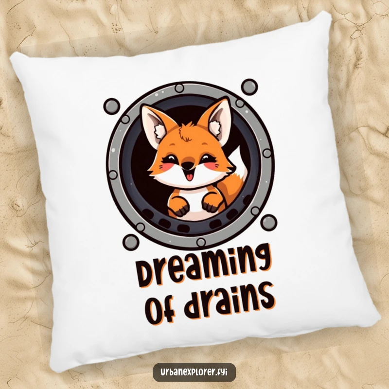 Funny mischievous fox with a playful grin peering from a sewer grate, decorating a soft and comfy pillow.